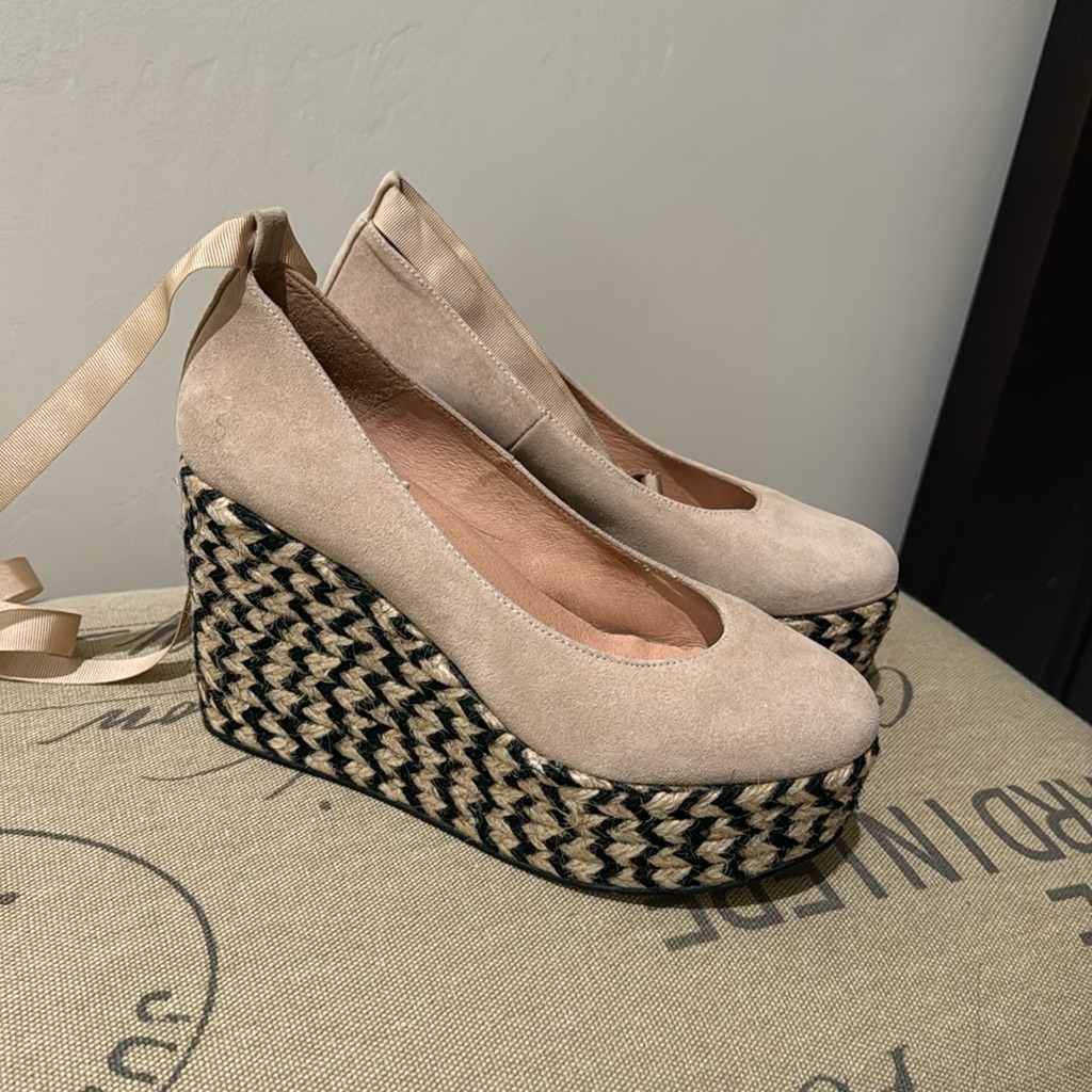 Women’s Beige Suede Wedge Espadrille With Ankle Tie